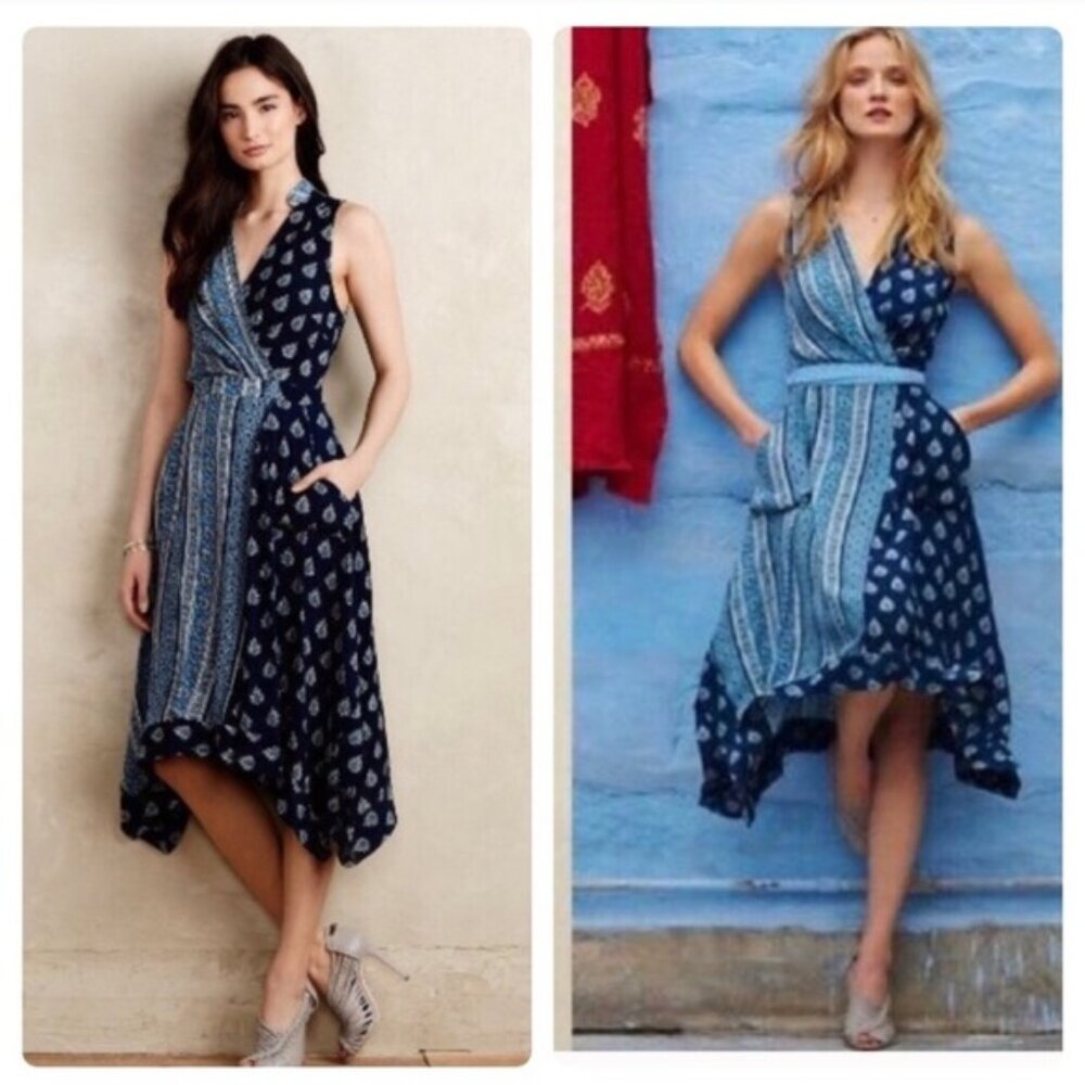 Anthropologie‎ Maeve Eclipsed Midi Dress Stripe Paisley Mixed Print Blue Size 2